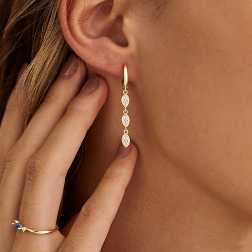Dangle Earrings for Women Trendy, 14K Gold Plated CZ Huggie Drop Earrings, Dainty Long Chain Prom Wedding Jewelry Gift for Her - style: Marquise CZ