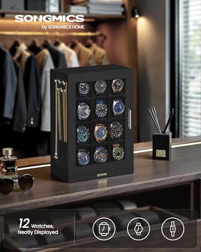 SONGMICS Watch Box 12 Slots with Glass Windows, 360° Rotating Vertical Watch Display Case, Jewelry Sunglasses Ring Storage, 10 Necklace Hooks, Removable Pillows, Velvet Lining, Ink Black UJWB028B01 - color: Ink Black, size: 12 Slot
