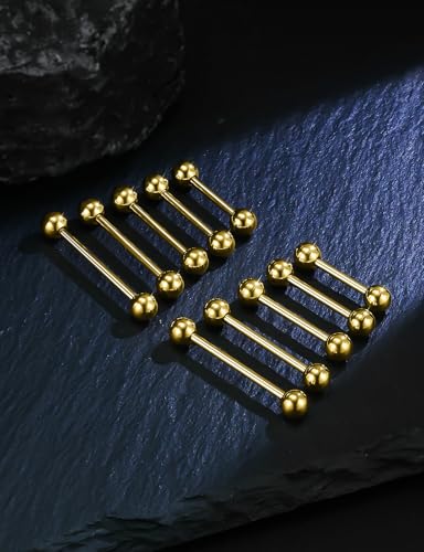 14G 16G Mix Size Tongue Rings Piercing Jewelry Stainless Surgical Steel Straight Barbell Nipple Tongue Ring Piercing Jewelry For Women Men 12MM 14MM 16MM 19MM 22MM Silver Black Gold - color: Gold, size: 14 Gauge-12MM/14MM/16MM/19MM/22MM