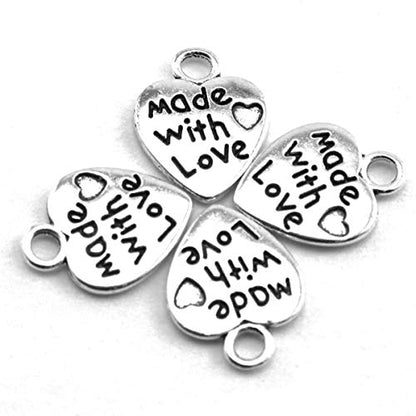 heyous 100pcs Heart Shape Charms Handmade Metal Labels Printed Made With Love Tag Labels Carving DIY Craft Necklace Bracelets Keychain Jewelry Making Findings Accessories Ancient Silver