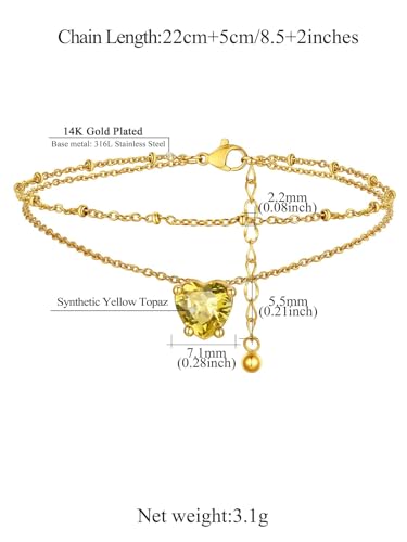 FindChic Bling Heart Birthstone Anklets Layered Beaded Ankle Bracelets for Women Gold/Black/Silver 12 Month Gem Colors Foot Chain Summer Jewelry for Girls, with Gift Box - color: Gold, style: 11. Nov.-Created Yellow Topaz(Prong Setting)