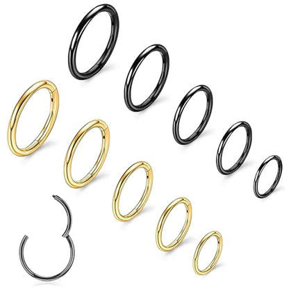 10Pcs Gold Nose Ring Hoop 18G/20G Clicker Nose Hoops Hypoallergenic Stainless Steel Nose Piercings Jewelry Gold Nose Jewelry Septum Helix Cartilage Lip Body Piercings for Women Men 7mm 8mm 9mm 10mm 12mm - color: Black and Gold-18G