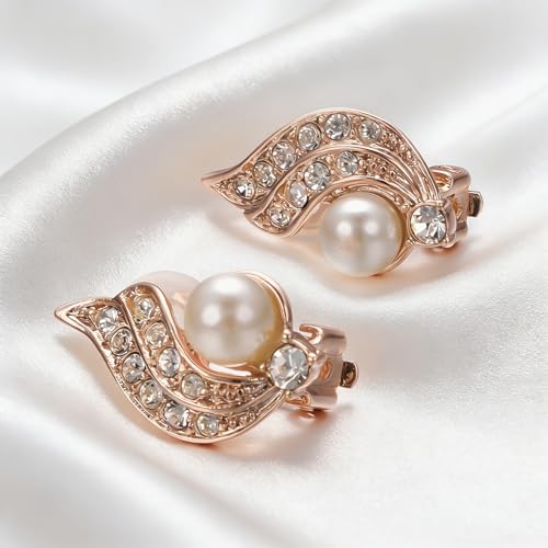 Yoursfs Pearl Clip On Earrings for Women 18K Rose Gold Plated Dainty Iced CZ Angel Wing Earring White Pearl Clip On Earring Non Pierced Earrings Jewelry
