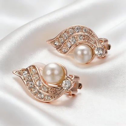 Yoursfs Pearl Clip On Earrings for Women 18K Rose Gold Plated Dainty Iced CZ Angel Wing Earring White Pearl Clip On Earring Non Pierced Earrings Jewelry