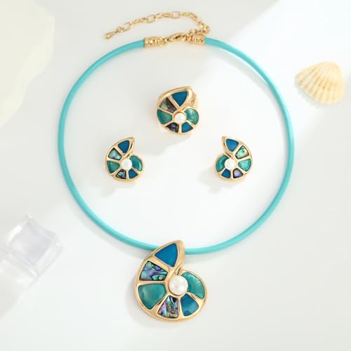 Chunky Statement Jewelry Set Blue Ocean Seashell Choker Necklaces Earrings Set for Women Pearl Bib Collar Necklaces for Party Prom Pageant Summer Fashion Jewelry Unique Birthday Gift - style: sea snail pearl JS Ring gold blue