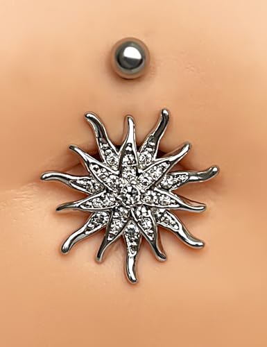 Belly Button Ring Dangle, Cross Belly Button Ring, Navel Piercing | 316L Surgical Steel, AAA+ Cubic Zirconia, Nickel-Free, Hypoallergenic, Multi-Style, 14 Gauge 10 mm Screw On Piercing Stud - style: Big Flower