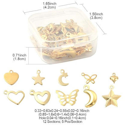 8-64Pcs Silver Goldern Color Heart Pendants Charms 10 Styles Heart Stainless Steel Metal Charms for Jewelry Making Crafting Necklaces Bracelets Earrings Keychains Birthday Gift - color: GoldenA-60 pcs