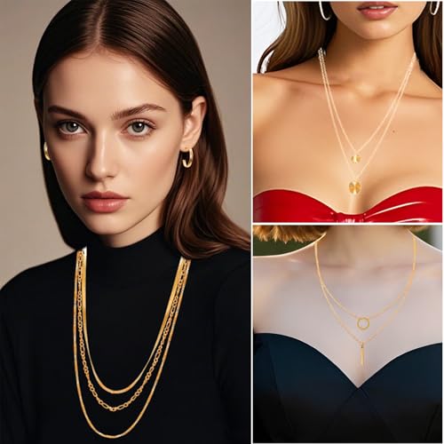 34pcs Gold Jewelry Set for Women Multi Layered Necklace Knuckle Rings Stackable Bracelets Dainty Earrings Fashion Jewelry set Anniversary Birthday Valentine Gift Pack for Women Girls