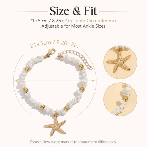 Fesciory Shell Ankle Bracelets for Women, Gold Plated Boho Beach Anklet Set | Adjustable Pearl Bead Anklet Set with Starfish, Conch and Seashell Charms for Beach Outfits, Vacations, Parties and Gifts - color: Gold-9