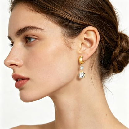 Gold Dangle Earrings for Women 14K Gold Plated Chunky Huggie Hoops Drop Earring Trendy Cubic Zirconia Diamond Crystal Round Teardrop Heart Charm Hypoallergenic Statement Jewelry Gifts - color: gold