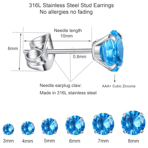 6 Pairs Stud Earrings Set, Hypoallergenic Cubic Zirconia Earrings 316L Stainless Steel CZ Earrings 3-8mm - color: A-Sea blue (Light blue) CZ
