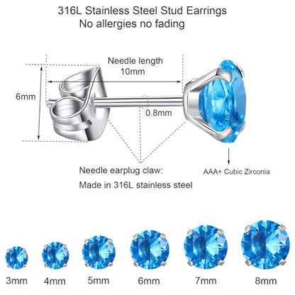 6 Pairs Stud Earrings Set, Hypoallergenic Cubic Zirconia Earrings 316L Stainless Steel CZ Earrings 3-8mm - color: A-Sea blue (Light blue) CZ