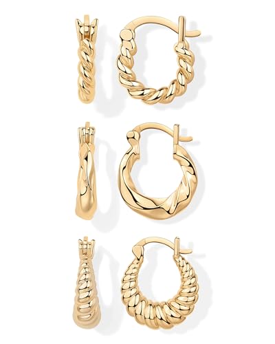 PAVOI Gold Hoop Earrings for Women - 14K-18K Yellow Gold Plated 925 Sterling Silver - Hypoallergenic 3-Pair Small Hoop Earings Set with Cubic Zirconia - Rope Teardrop & Chunky Huggie Styles Earscape Piercings - style: Chunky