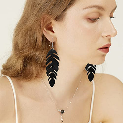 Handmade Unique Lightweight Bohemian Genuine Leather Leaf Dangle Drop Earrings Dainty Sparkly Chain Feather Hook Earring for Women Statement - color: Black