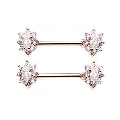 Pierced Owl - 14G Stainless Steel CZ Crystal Oval Flower Cluster Nipple Barbells, Sold as a Pair - color: Silver Tone