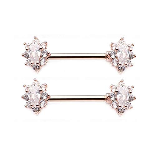 Pierced Owl - 14G Stainless Steel CZ Crystal Oval Flower Cluster Nipple Barbells, Sold as a Pair - color: Silver Tone