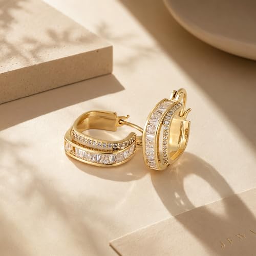 Gold Silver Huggie Hoop Earrings for Women 18K Gold & Sterling Silver Plated Cubic Zirconia Hoop Earrings Double Hoops Earrings Hypoallergenic Non Tarnish Earings Jewelry Gift - color: Gold-A
