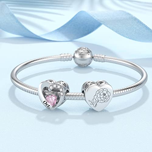 SEVENWELL Jan-Dec Birthstone Charms for Pandora Bracelets, Heart Charm | Fits Most European Charm Bracelets, Sparkling Heart CZ, Birth Flower Engraved, Gift Ready, Nickel-Free - color: October Birthstone Charm
