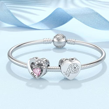 SEVENWELL Jan-Dec Birthstone Charms for Pandora Bracelets, Heart Charm | Fits Most European Charm Bracelets, Sparkling Heart CZ, Birth Flower Engraved, Gift Ready, Nickel-Free - color: October Birthstone Charm