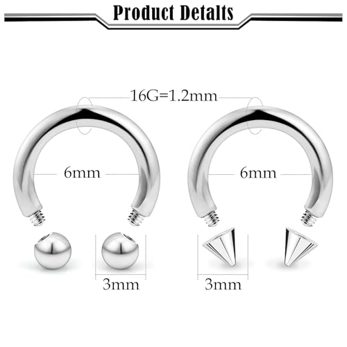 20G-00G Septum Rings horseshoes Nose Rings Hoops 316L Surgical Steel Snake Bites Lip Nipple Ring Cartilage Tragus Helix Rook Conch Daith Earrings Pa Piercing Jewelry for Women Men - style: 16G(1.2mm)-Dia:6mm
