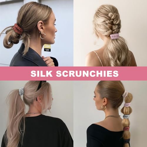 6Pcs Silk Hair Ties 100% Pure Mulberry Silk Scrunchies for Women Girls | No Hair Crease, Anti Frizz, Gentle Hold, No Damage, Color 04 - color: Black&Dark Curry&Gray&Pink&Beige