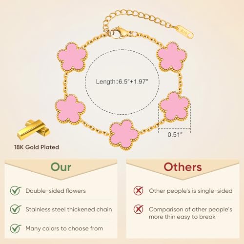 Women Gold Bracelets Jewelry Set - 3Pcs 18K Gold Plated Floral Bracelet,Stainless Steel Charm Bracelet Non-Tarnish,Adjustable Lucky Chain Trendy Gift,Christmas Valentines Birthday Gifts for Girlfriend - style: Pink