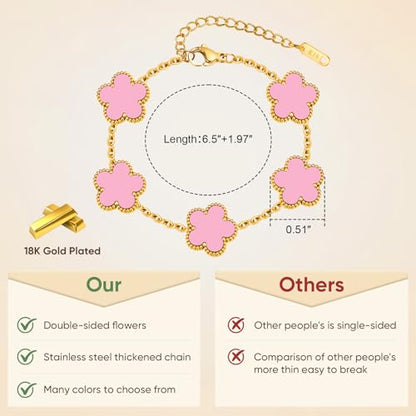 Women Gold Bracelets Jewelry Set - 3Pcs 18K Gold Plated Floral Bracelet,Stainless Steel Charm Bracelet Non-Tarnish,Adjustable Lucky Chain Trendy Gift,Christmas Valentines Birthday Gifts for Girlfriend - style: Pink
