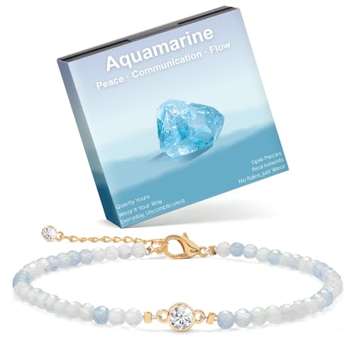 Raicegs Anklets for Women Handmade Beach Boho Ankle Bracelet 3mm Natural Stone Beaded Ankle Bracelet 14K Gold Plated Zircon Pendant Adjustable Crystal Gemstone Anklet Jewelry Gift for Her - color: Aquamarine