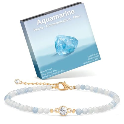 Raicegs Anklets for Women Handmade Beach Boho Ankle Bracelet 3mm Natural Stone Beaded Ankle Bracelet 14K Gold Plated Zircon Pendant Adjustable Crystal Gemstone Anklet Jewelry Gift for Her - color: Aquamarine