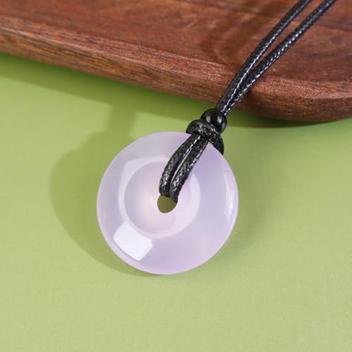 Anjiucc Natural Gemstone Pendant Necklce Lucky Coin Crystal Necklace Donut Pendnat with Adjustable Rope Healing Crystal for Men - color: Violet Chalcedony