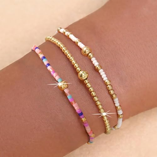 Gold Beaded Bracelet Stack for Women Colorful Small Seed Beads Bracelets Set Boho 14K Gold Plated Ball Stackable Stretch Non-Tarnish Dainty Jewelry Trendy Accessory Friendship Gift - color: pink purple and white