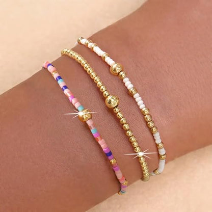 Gold Beaded Bracelet Stack for Women Colorful Small Seed Beads Bracelets Set Boho 14K Gold Plated Ball Stackable Stretch Non-Tarnish Dainty Jewelry Trendy Accessory Friendship Gift - color: pink purple and white