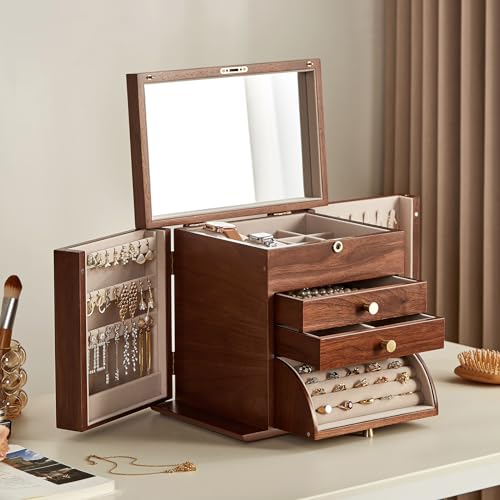 Black Walnut Wooden Jewelry Box, Wood Jewelry Organizer with 2 Side Doors Mirror Lockable Classical for Watch Necklace Ring Earring, Gift for Women-4 Layer with Curved Ring Grooves - style: 4 Layer (Top & Side Lock)