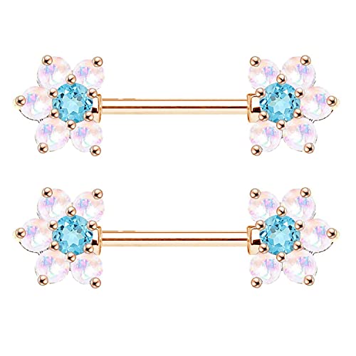 14G Opal Flower CZ Nipple Barbell Nipple Ring Piercing Jewelry for Women - color: rose gold blue