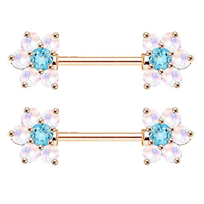 14G Opal Flower CZ Nipple Barbell Nipple Ring Piercing Jewelry for Women - color: rose gold blue