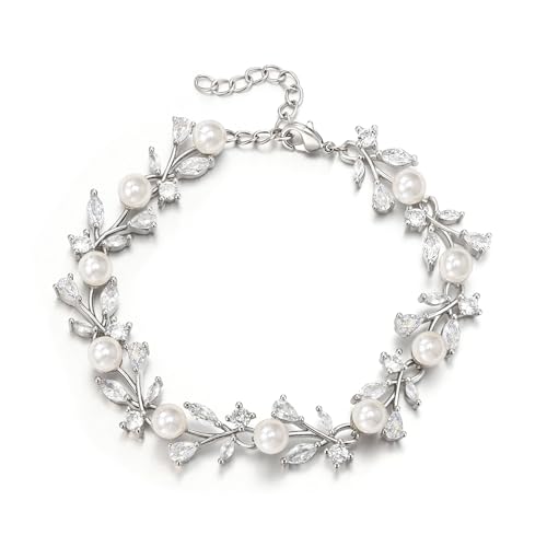 EVER FAITH Gorgeous Cubic Zirconia Pearl Wedding Link Bracelet for Bride | Marquise Teardrop Crystal Bridal Prom Jewelry, for Women Bridesmaids - style: Vine_Silver-Tone