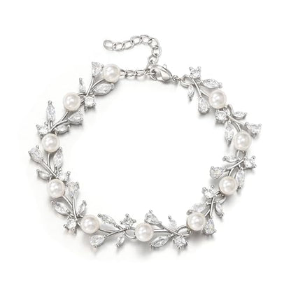 EVER FAITH Gorgeous Cubic Zirconia Pearl Wedding Link Bracelet for Bride | Marquise Teardrop Crystal Bridal Prom Jewelry, for Women Bridesmaids - style: Vine_Silver-Tone