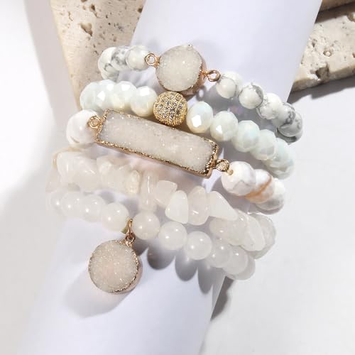 Yomisa 5PCS 6PCS Natural Boho Beaded Bracelets/Bangle for Women Men,Healing Turquoise Jasper Agate Crystal Gemstone Stone Chakra Multilayer Wrap Bohemian Handmade Jewelry Beads Stretch Bracelet Set - color: 5PCS-White