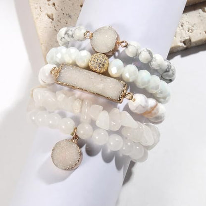 Yomisa 5PCS 6PCS Natural Boho Beaded Bracelets/Bangle for Women Men,Healing Turquoise Jasper Agate Crystal Gemstone Stone Chakra Multilayer Wrap Bohemian Handmade Jewelry Beads Stretch Bracelet Set - color: 5PCS-White