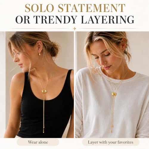 YUJIE Long Gold Y Necklace for Women - Adjustable Lariat Pendant Snake Chain, 14K Gold Plated Dainty Teardrop Necklace for Trendy & Formal Wear - color: pebble
