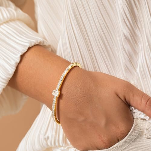 Turandoss Dainty Tennis Bangle Bracelets for Women Jewelry Gifts | 14K Gold Plated, Personalized Tennis Bracelets, Trendy Cubic Zirconia Bangle Bracelet, Jewelry Gifts for Mom Wife Sister - color: Half CZ Bangle - Square Tennis