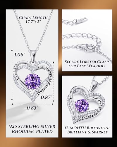 CDE S925 Silver Engraved Forever Love Heart Birthstone Necklaces for Women | 5A CZ,Hypoallergenic,Nickel-Free & Lead-Free Pendant,Anniversary Christmas Wedding Birthday Gift for Wife Girlfriend - color: 02-Feb, style: White Gold Plated