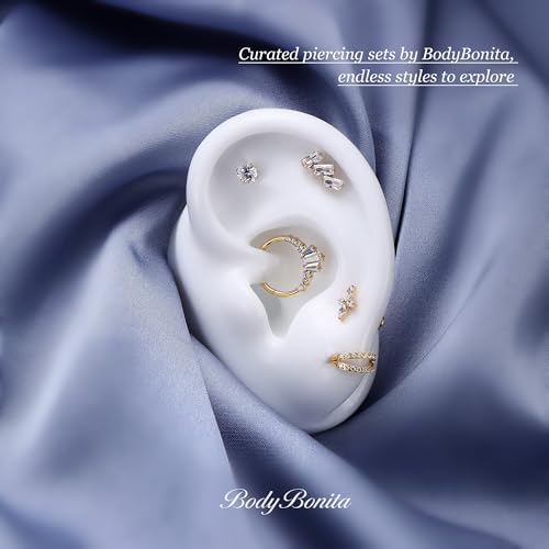 G23 Titanium 16G Tragus Conch Piercing Jewelry Flat Back Stud Earrings | Hypoallergenic CZ Nose Dangle Helix Medusa Lip Labret Body Piercing Jewelry, 14K Gold Plated, Silver, 6 and 8 mm Post Length - color: Trinity Sparkle-14K Gold
