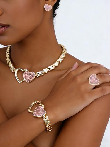 Women's Gold wedding Jewelry Set Tricolor Hugs Kisses Heart necklace set - color: 1 Heart Pink