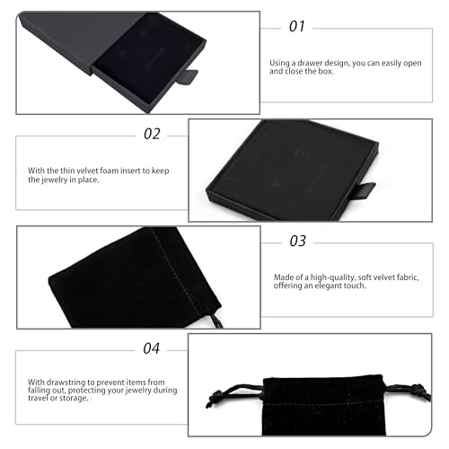 Quacc Small Jewelry Gift Box and Velvet Bag, Necklace Bracelet Earring Cardboard Organizer Square Jewellery Gift Box Pendent Storage Case for Birthday Xmas Christmas Wrapping (Black) - color: Black