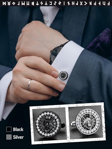 FaithHeart Mens Cufflinks, Norse Viking Tuxedo Shirt Cuff Links, Stainless Steel Cuff Links and Shirt Studs, Gift Box - style: 06. Wolf CZ-Black