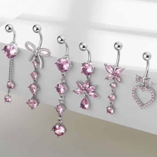 Dangle Belly Button Ring Surgical Stainless Steel Dangly Belly Rings for Women Dangling Heart Bow Butterfly Navel Belly Piercing Jewelry 14G - color: Silver Tone Pink CZ