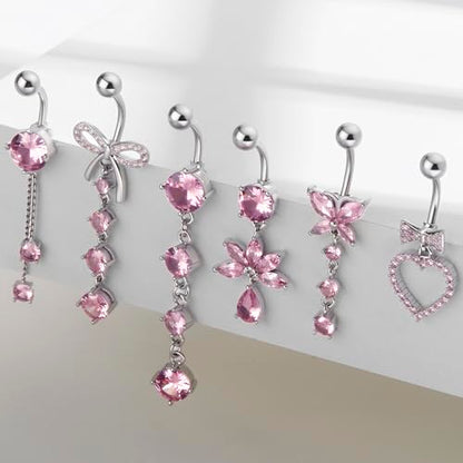 Dangle Belly Button Ring Surgical Stainless Steel Dangly Belly Rings for Women Dangling Heart Bow Butterfly Navel Belly Piercing Jewelry 14G - color: Silver Tone Pink CZ