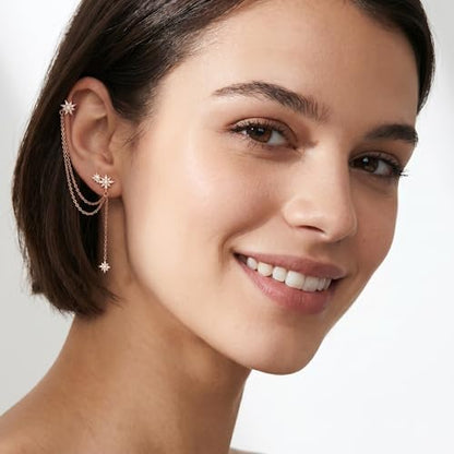 SLUYNZ 925 Sterling Silver Fashion Star Cuff Earring Chain for Women Star Crawler Earring Wrap Earrings - color: One Earring(Left)-C-Rose Gold Plated