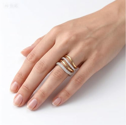 Stackable Gold Rings for Women Wavy Band Mixed Metals Dainty 14K Gold Plated Cubic Zirconia Wedding Ring Set Minimalist Promise Engagement Eternity Ring Stack Jewelry Size 5-11